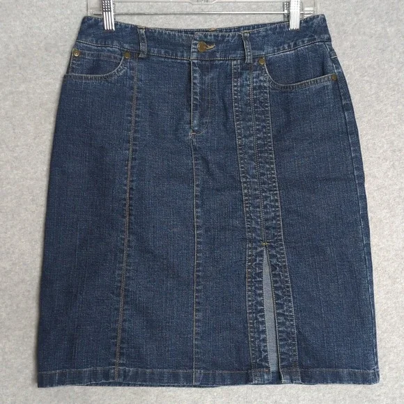 Tribal Denim Skirt Womens 6 Stretch Dark Wash Knee Length Front Slit Y2K 90s - Picture 1 of 7